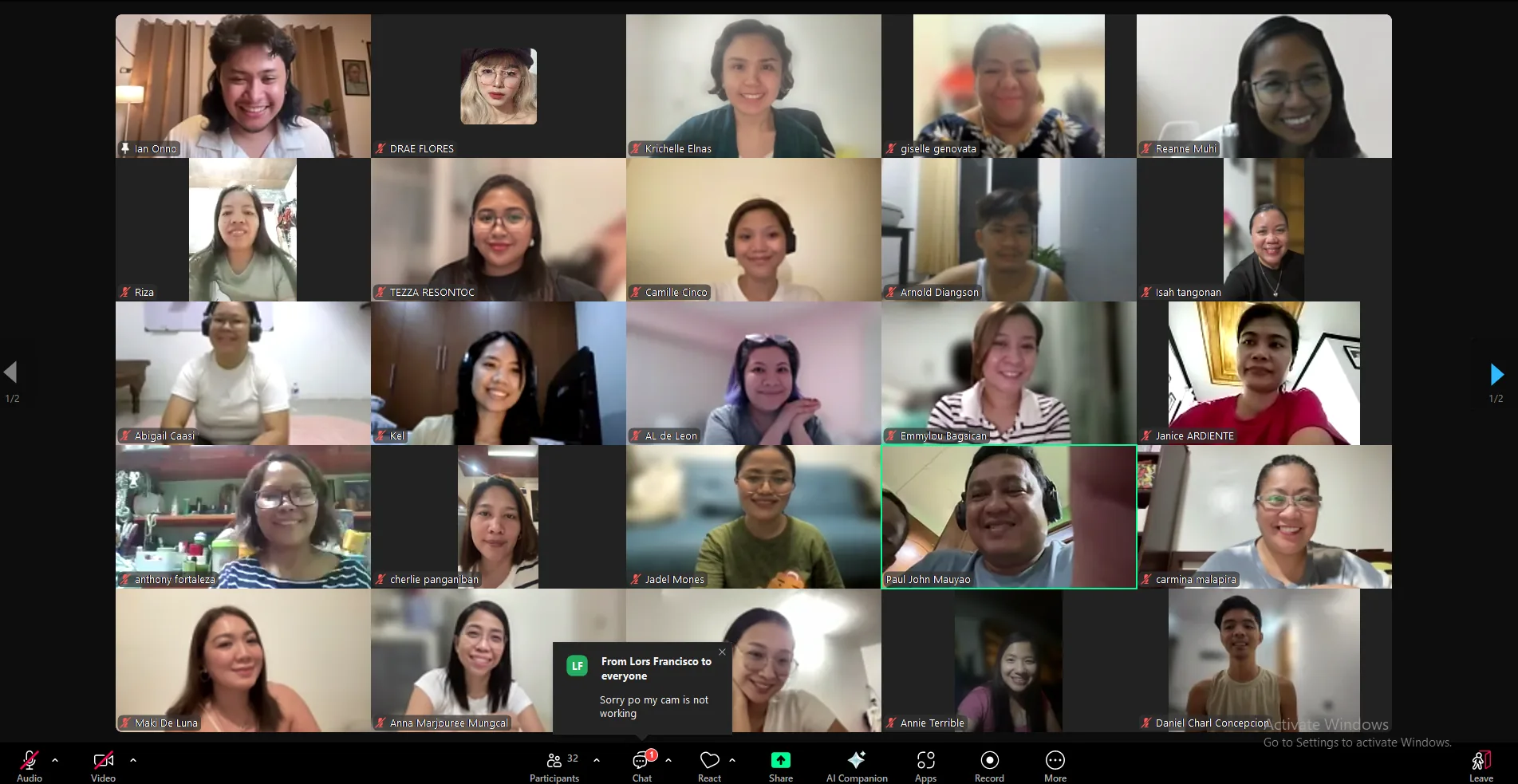 A Zoom gallery of smiling participants at the end of an online Tallaro session