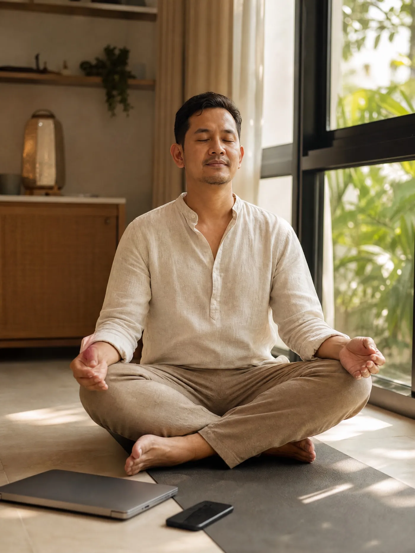 A business owner sits cross-legged on a mat by a sunny window, eyes closed, a closed laptop beside them