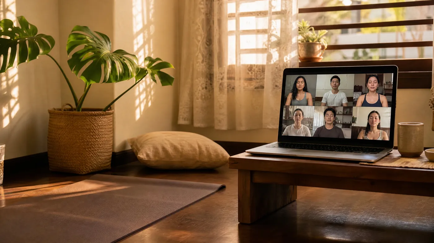 A quiet home corner in late-afternoon sun: a yoga mat unrolled beside a plant, a laptop showing a video call of people in calm poses