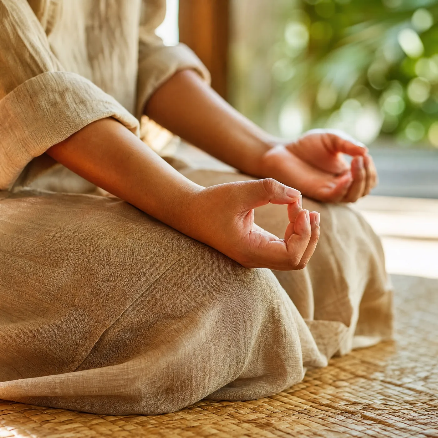 Close-up of hands resting on linen-covered knees in a calm mudra, in warm light
