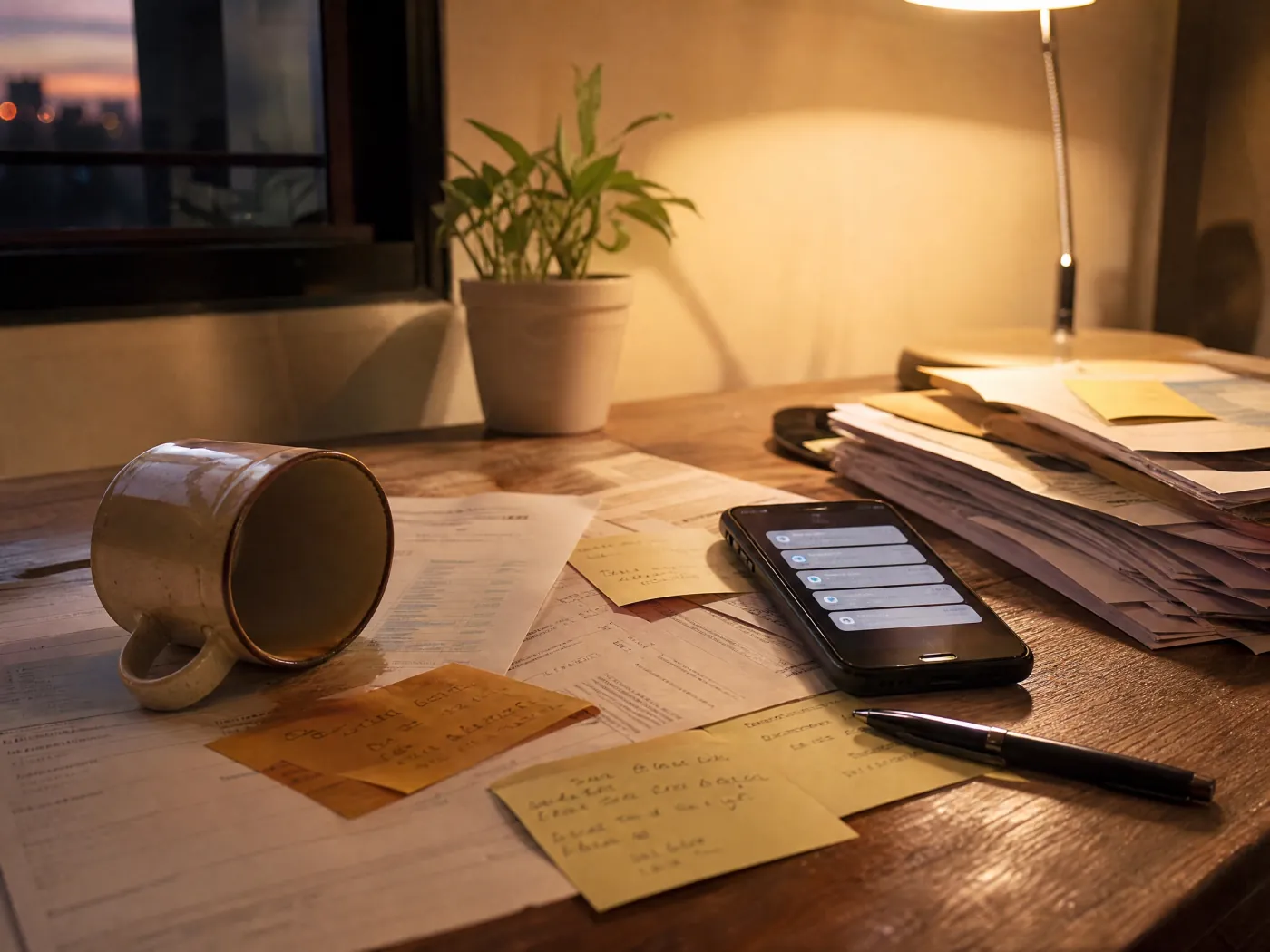 An empty ceramic cup tipped over on a wooden desk among papers, beside a phone lit with notifications