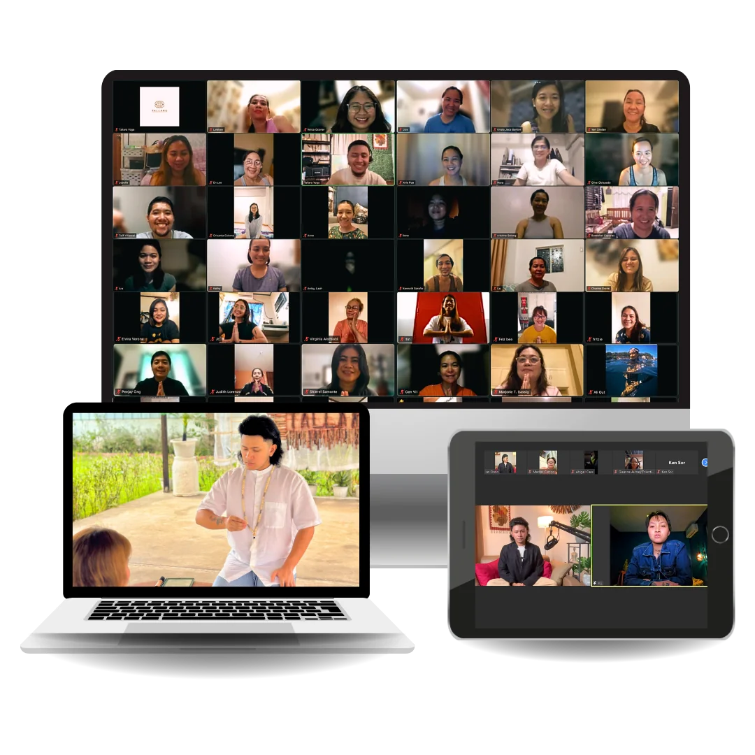 The live Zoom session shown on a desktop monitor, a laptop and a tablet: Teacher Ian guiding and a full gallery of participants