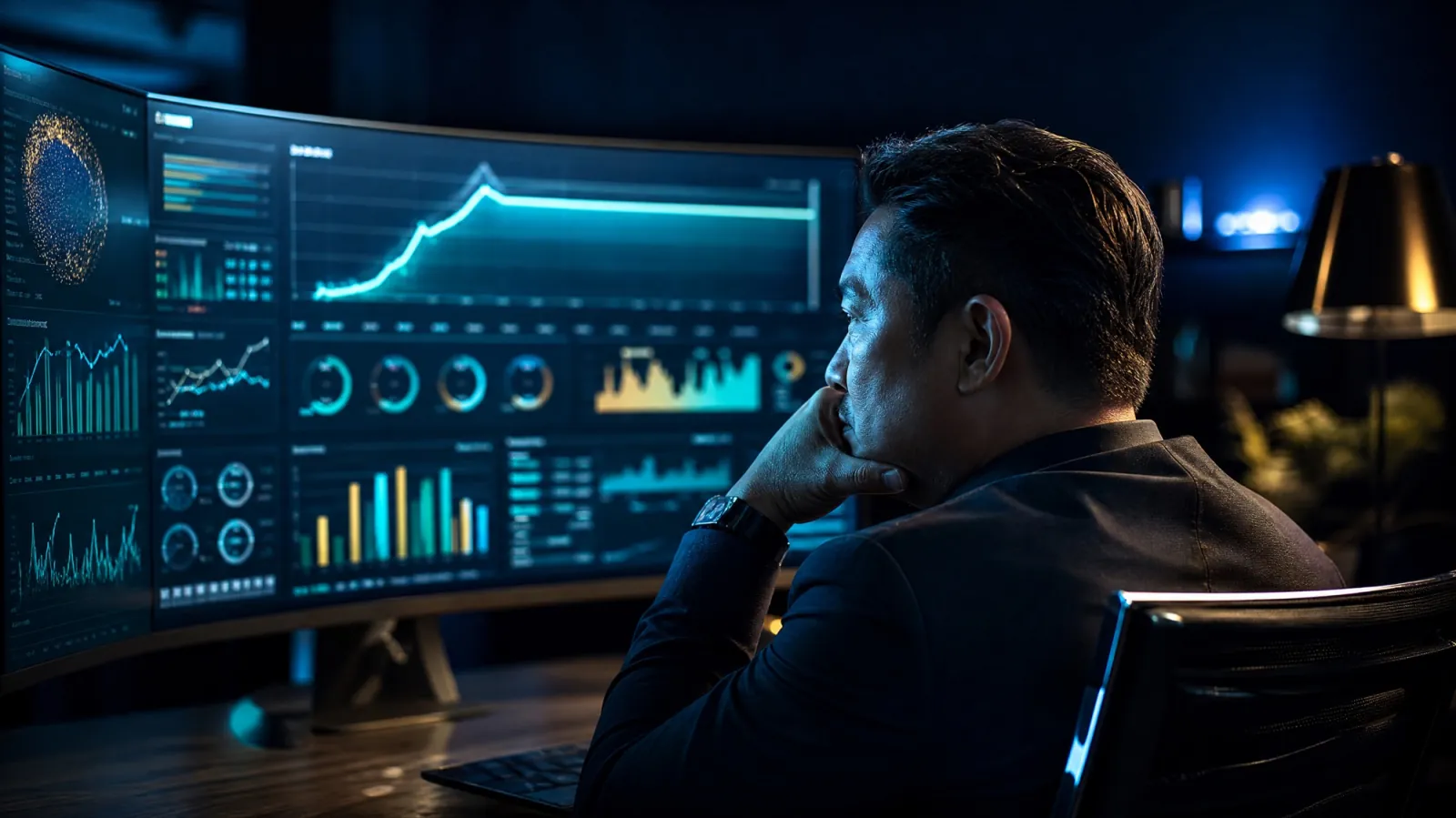 A business owner sitting back in the dark, staring at a wall of agency dashboards where the main revenue line has flattened out