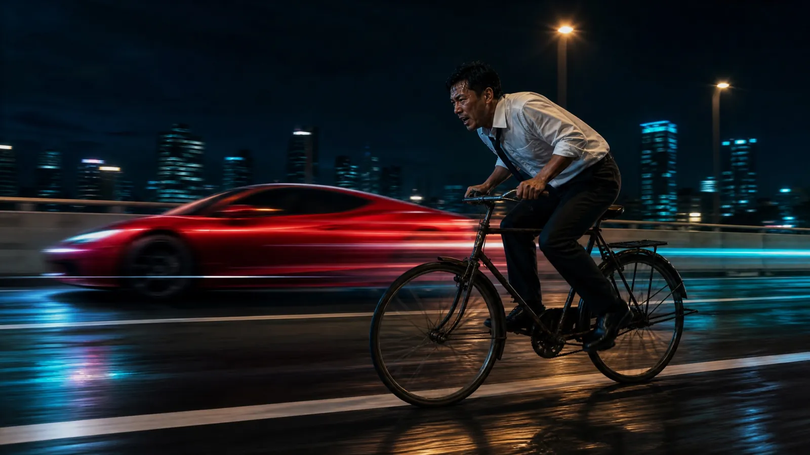 A man in office clothes straining on an old bicycle while a red sports car blurs past him on a wet night highway