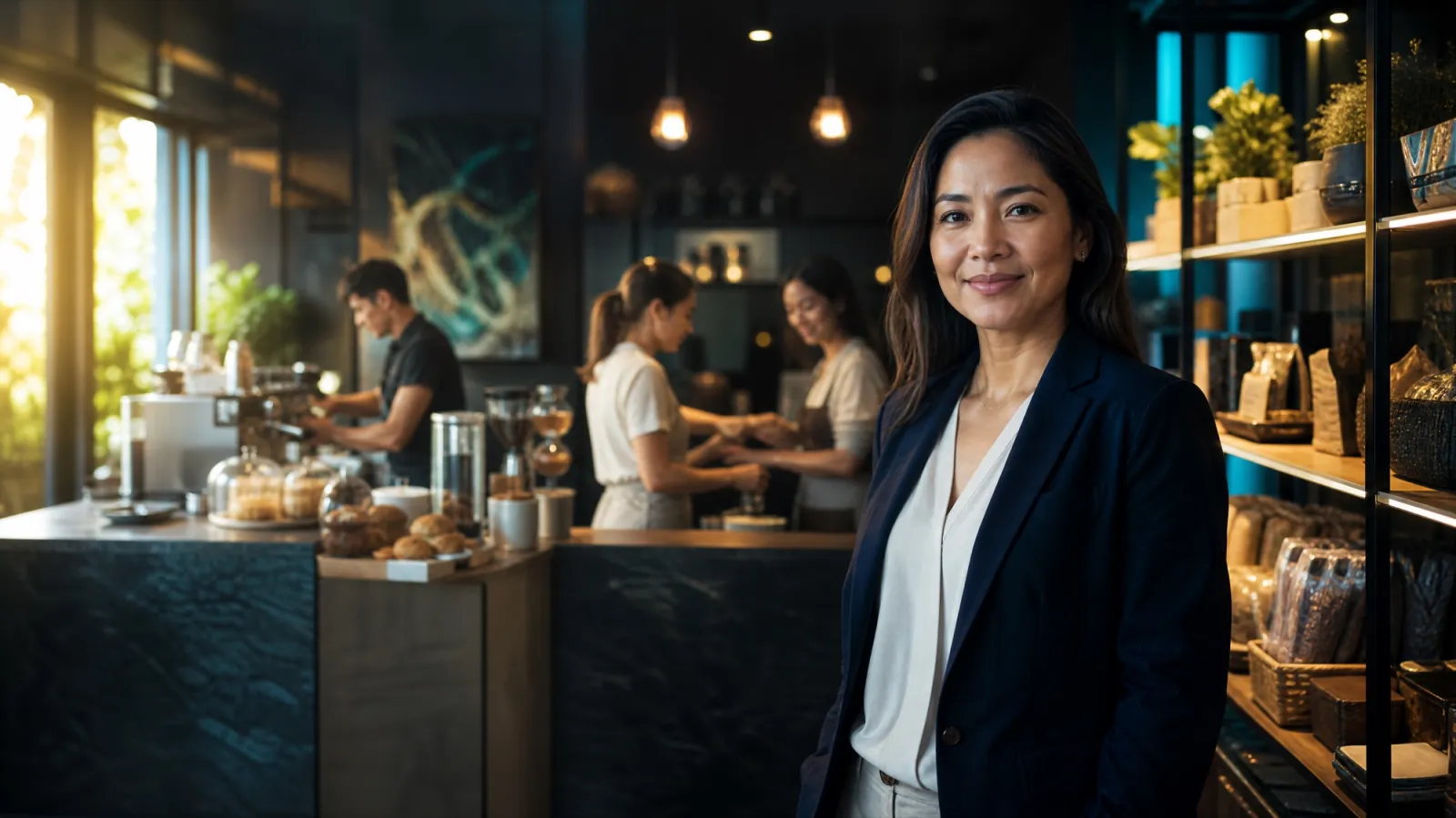 A confident business owner standing in her own café while her team serves customers behind her