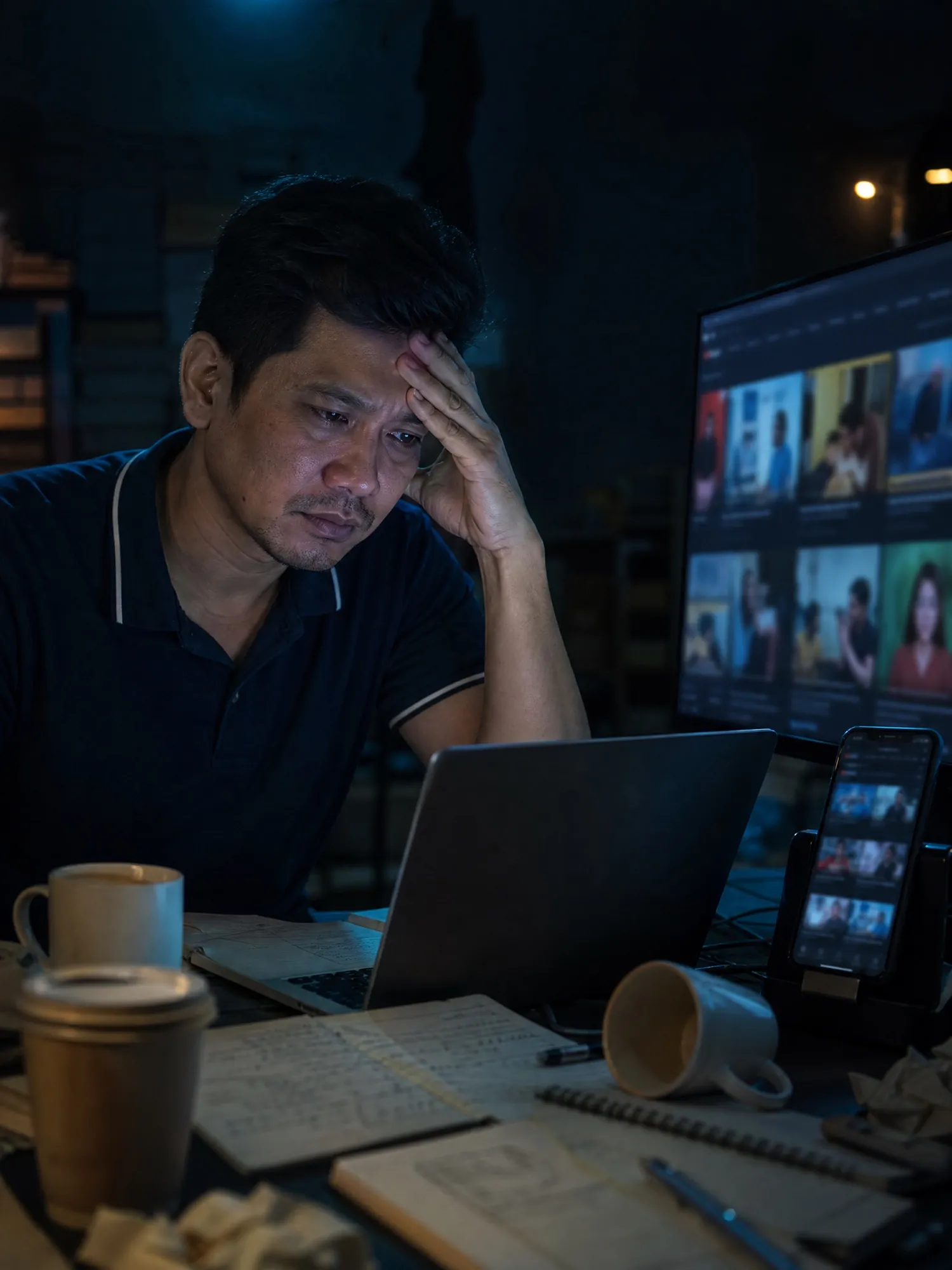 A business owner at a dark desk late at night, head in hand, surrounded by open notebooks and a screen full of tutorials