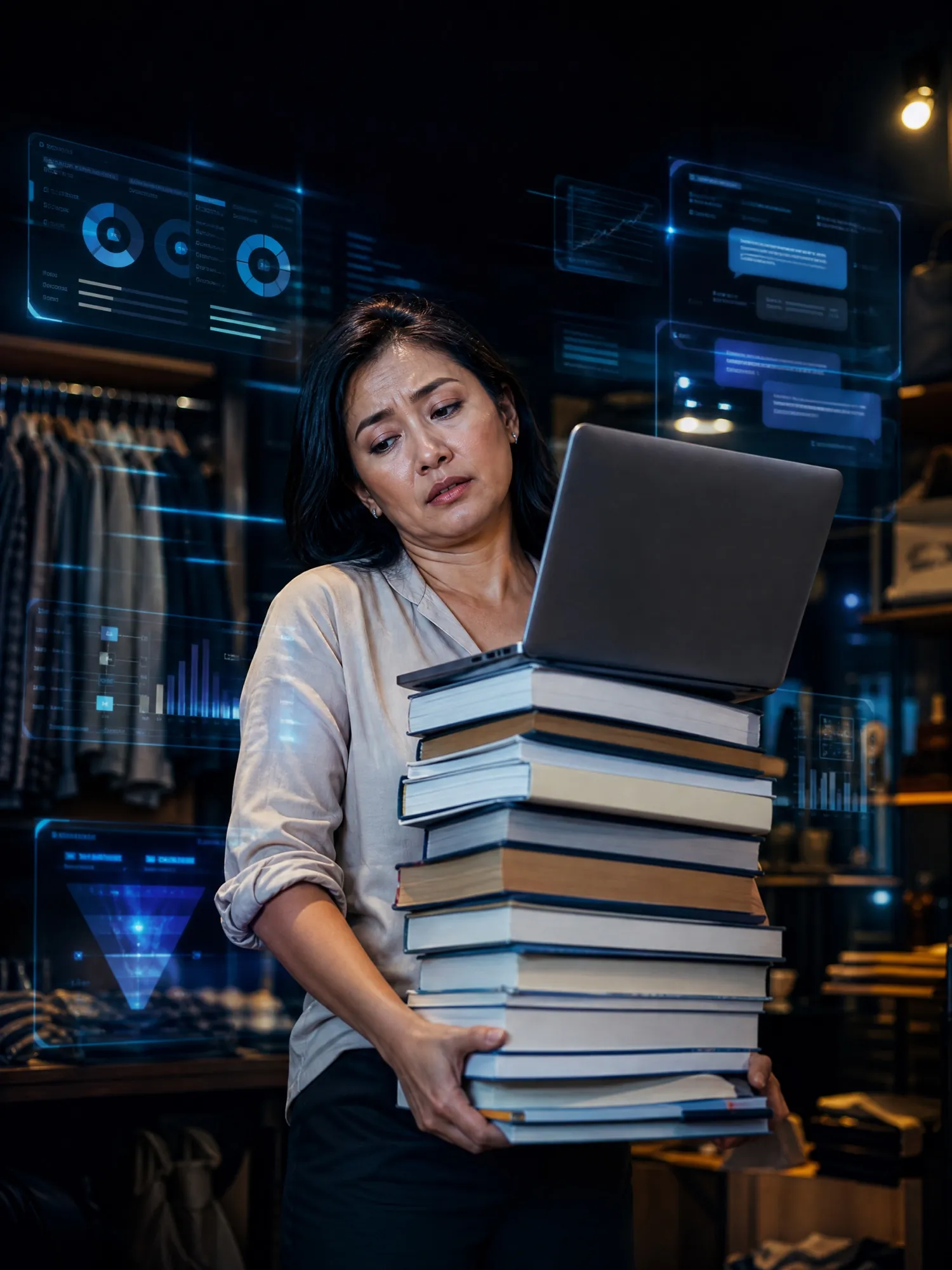 A shop owner struggling under a tall stack of textbooks and a laptop, surrounded by floating dashboards and chat windows