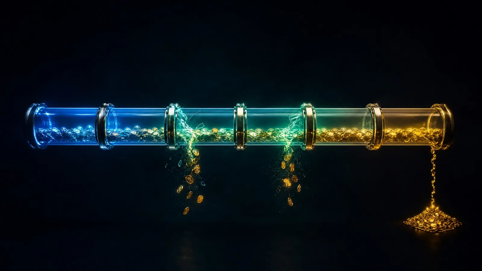A glass pipeline carrying coins from blue to teal to gold, cracked in two places so money spills out before it reaches the pile at the end