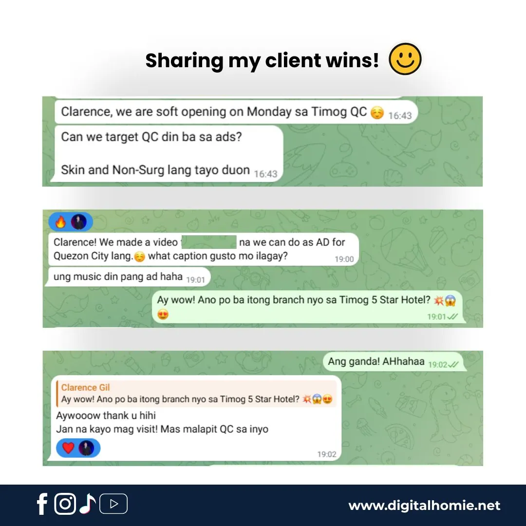 Chat screenshots from an aesthetic clinic client sharing their campaign wins with Clarence