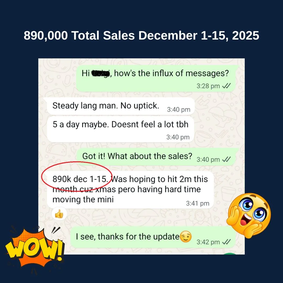 Chat screenshot from an eCommerce client reporting ₱890,000 in sales from December 1 to 15, 2025