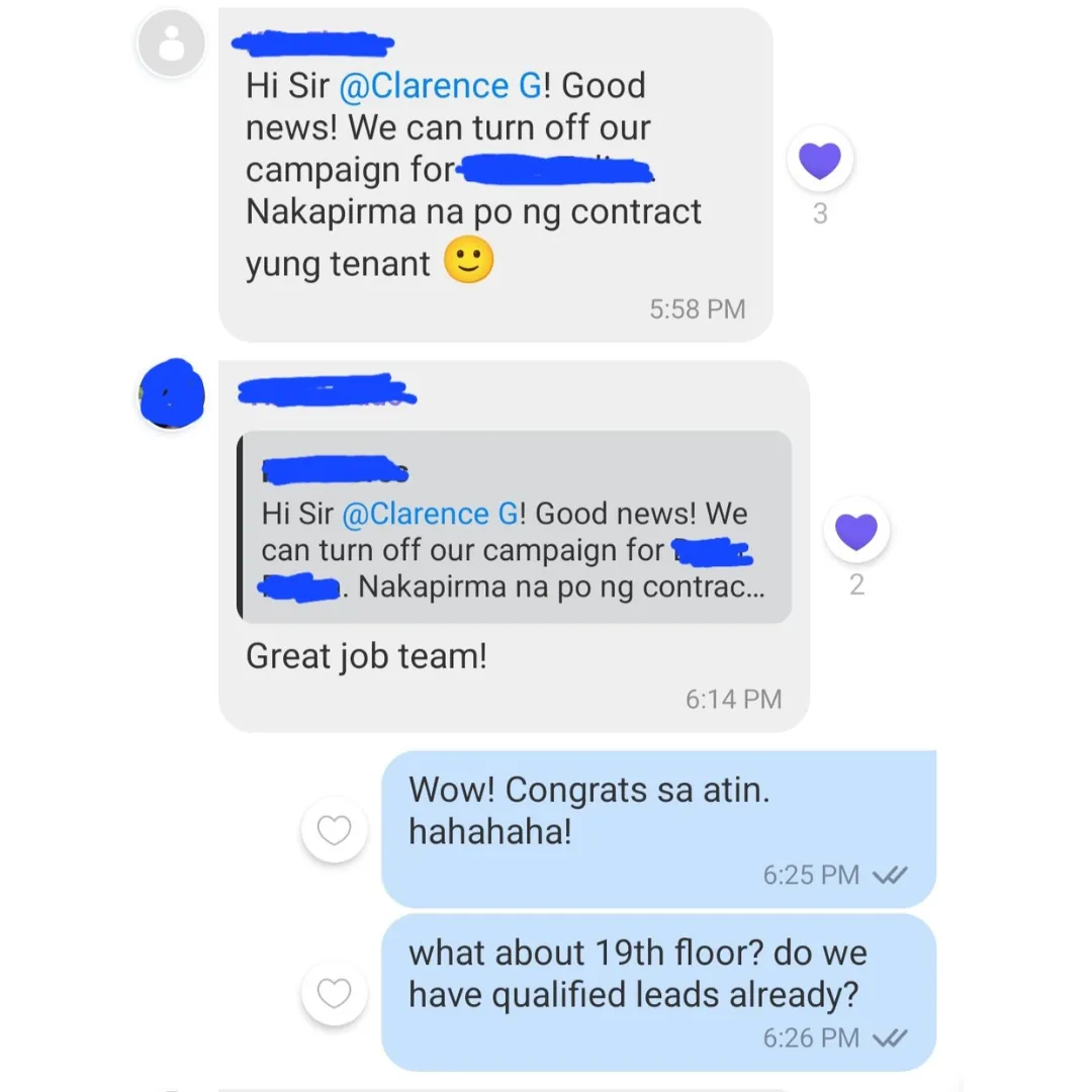 Messages from a real estate client telling Clarence their campaign closed a lease contract