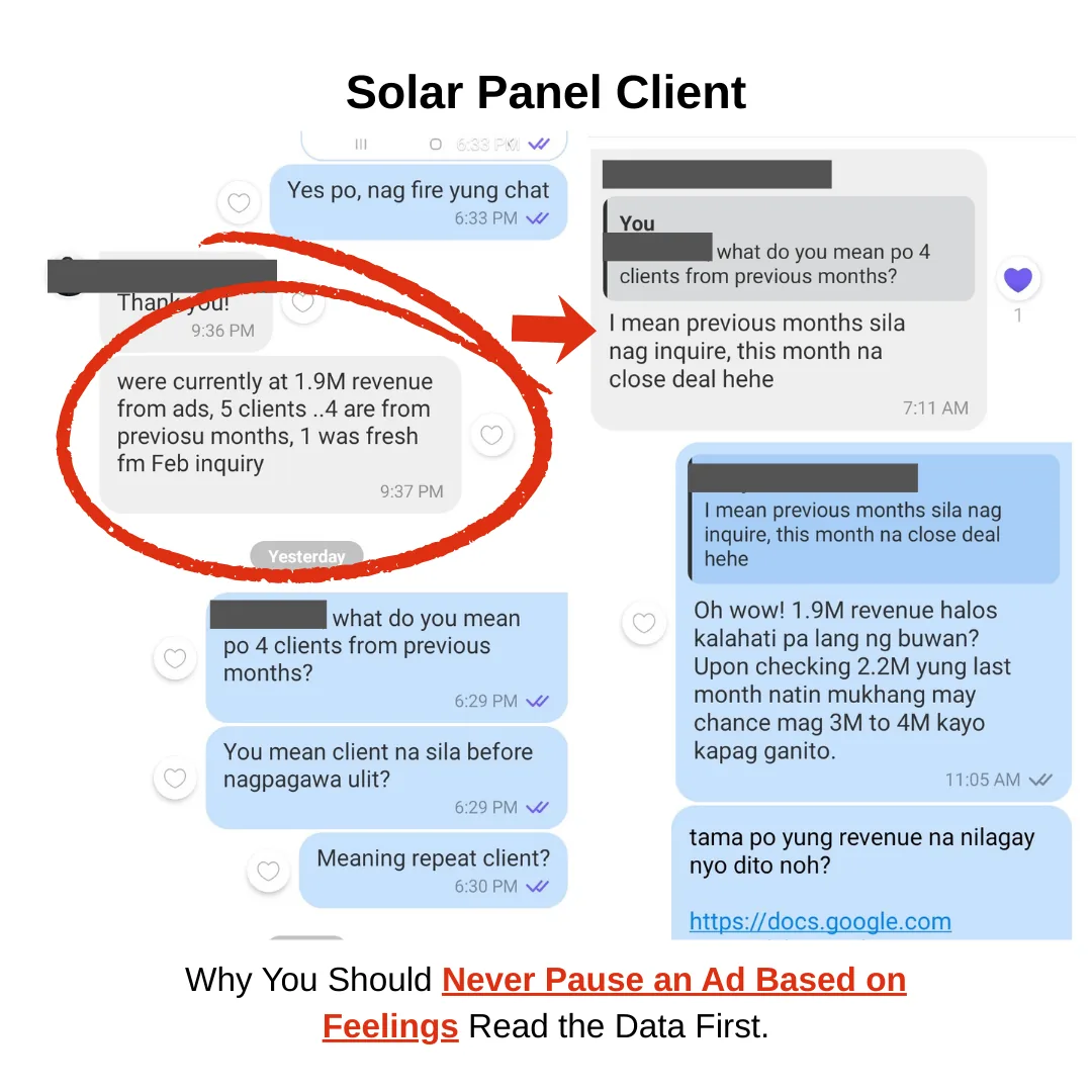 Chat screenshot from a solar panel client reporting ₱1.9M monthly revenue