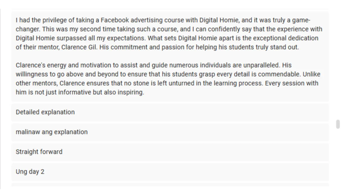 A written review from a student praising Clarence Gil’s Facebook advertising course with Digital Homie