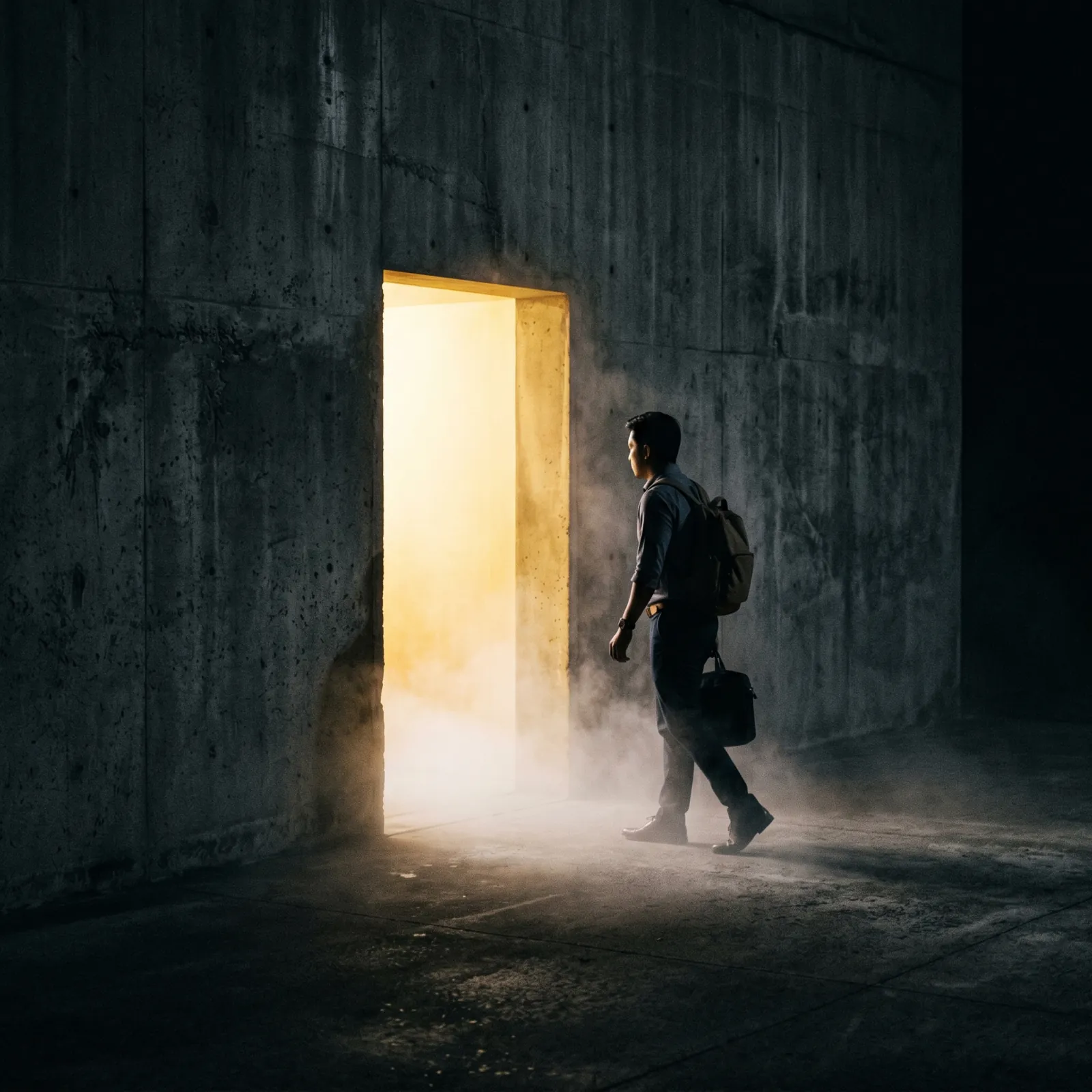 A glowing narrow doorway lit with warm gold light opening in a dark wall, a single Filipino figure stepping through