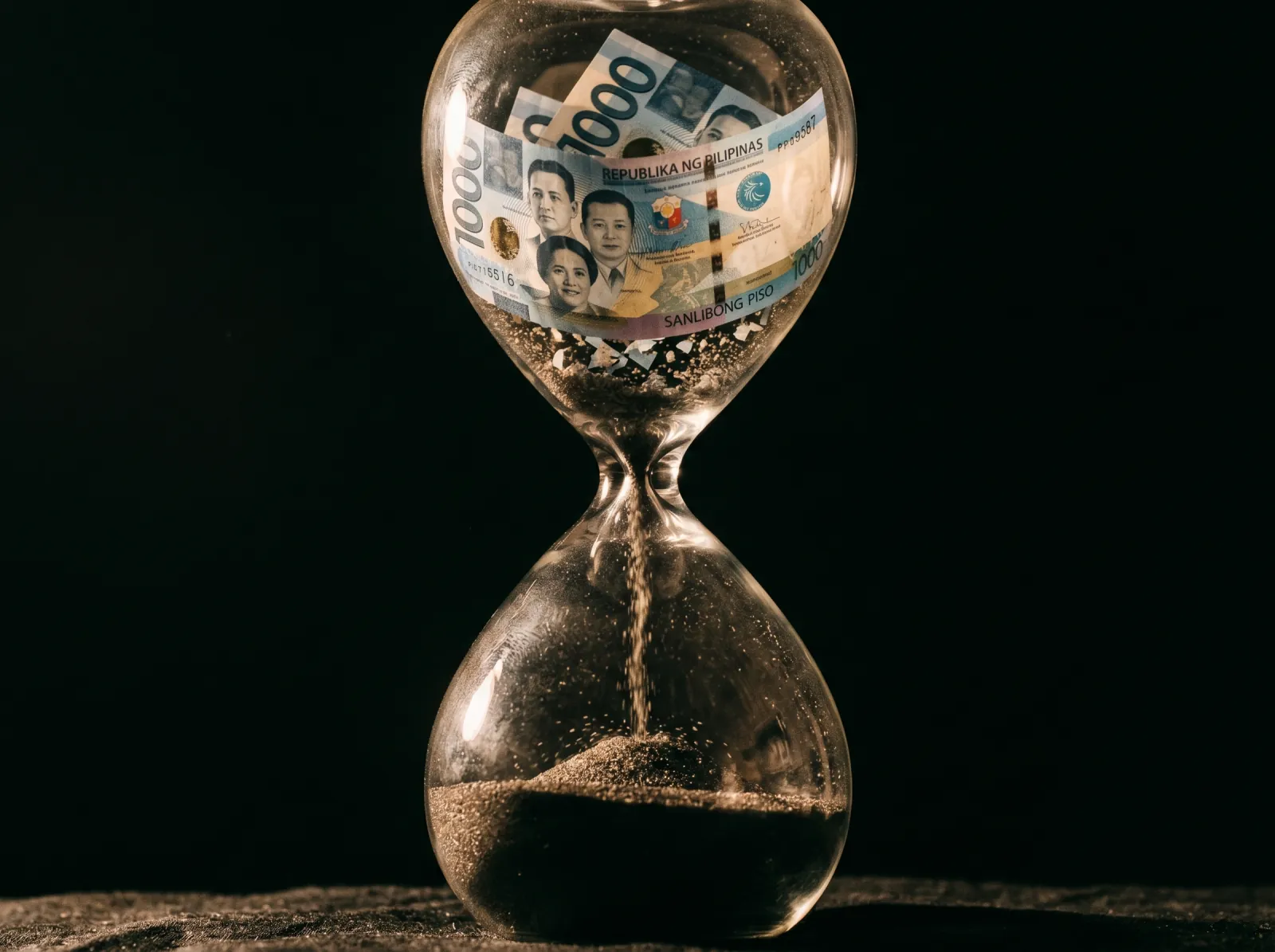 Peso bills dissolving into sand inside an hourglass, money drifting away into darkness