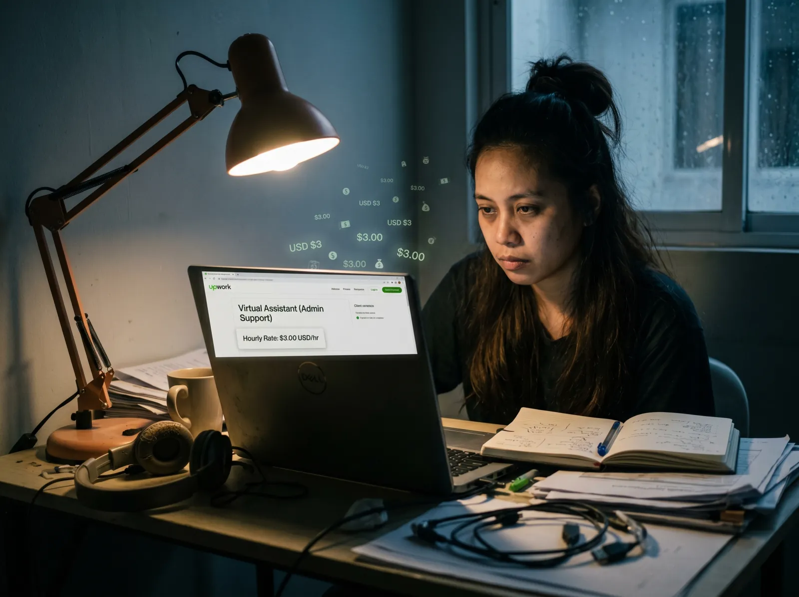 Filipina VA at laptop late at night, Upwork screen showing a $3/hr rate with tiny USD amounts floating over the display