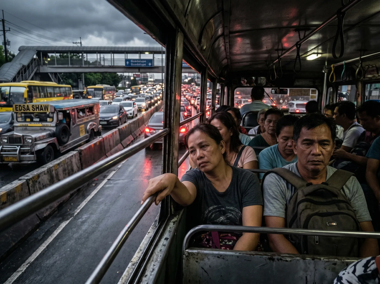 EDSA bumper-to-bumper traffic at 6am, tired Filipino commuters looking out of jeepney windows